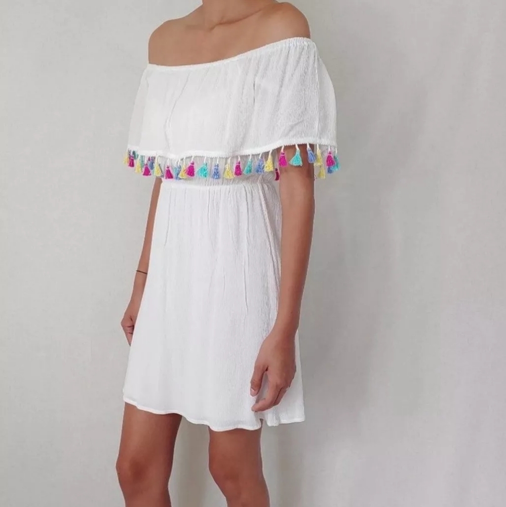 NWT Tassel Off The Shoulder Mini Dress - White